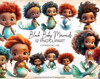Zwarte babyzeemeermin PNG-clipartbundel, Under the Sea-ontwerpen (12 afbeeldingen)