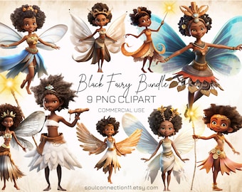 Black Fairy PNG Clipart Bundle, Afro-American Cartoon Fairies (Digital)