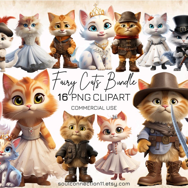 Fairy Cats PNG Clipart, Cute Cats Images Bundle, Sublimation Design, Digital Sticker, Cats Print, Cat Princess, Puss in Boots Clipart