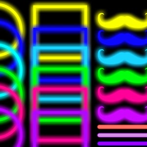 Puede incluir: Un conjunto de formas de colores ne&oacute;n, que incluyen c&iacute;rculos, cuadrados y bigotes. Las formas est&aacute;n delineadas en colores brillantes, incluidos el amarillo, el azul, el cian, el verde, el rosa, el morado y el naranja.