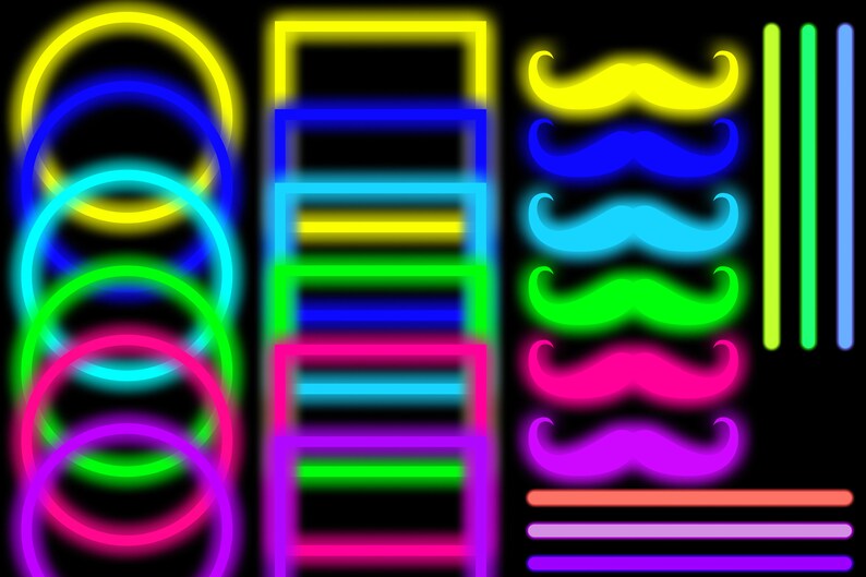 Puede incluir: Un conjunto de formas de colores ne&oacute;n, que incluyen c&iacute;rculos, cuadrados y bigotes. Las formas est&aacute;n delineadas en colores brillantes, incluidos el amarillo, el azul, el cian, el verde, el rosa, el morado y el naranja.