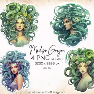 Medusa Gorgon Clipart PNG, belle aquarelle Medusa, mythologie de la Grèce antique, autocollant imprimable, Gorgon Clipart, Medusa Art Sublimation