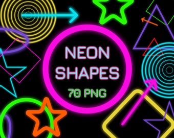 70 NEON Shapes, Neon Geometric Figures, Neon Light Effect, PNG Frames, Neon Rainbow Clipart, Neon Glow Borders, Instant Download