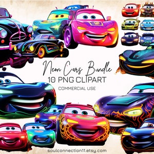 Neon Cars PNG Clipart Bundle, Cute Cartoon Racing Cars Images, Neon Vehicles, Sublimation Design, Cars Print, Digital Sticker, Neon Clipart