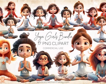 May include: A set of 17 digital illustrations of cartoon girls in various yoga poses. The girls are all wearing different outfits and have different hairstyles. The illustrations are in PNG format and are suitable for commercial use. Yoga Girls Bundle 17 PNG Clipart Commercial Use.