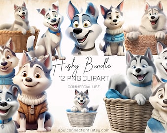 Cartoon Husky Clipart Bundle, Dog PNG Images (Digital Download