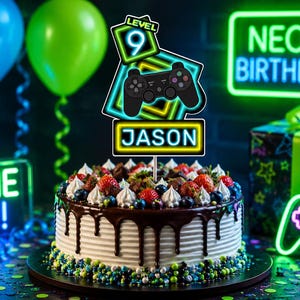 Neon Gamer Birthday Cake Topper, Personalized Printable (Digital Download)