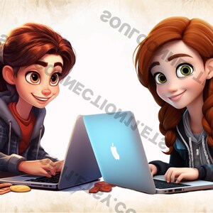 May include: Two young women are sitting at a table, each using a laptop computer. They are both smiling and looking at the camera. The woman on the left is wearing a blue and black plaid shirt and a gray hoodie. The woman on the right is wearing a gray hoodie and a black jacket. The table is covered in a light brown surface. There are some cookies and a cup on the table.