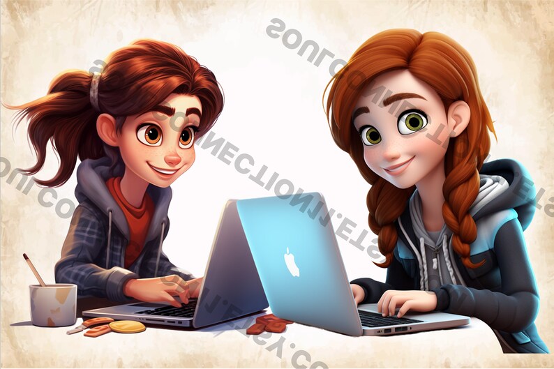May include: Two young women are sitting at a table, each using a laptop computer. They are both smiling and looking at the camera. The woman on the left is wearing a blue and black plaid shirt and a gray hoodie. The woman on the right is wearing a gray hoodie and a black jacket. The table is covered in a light brown surface. There are some cookies and a cup on the table.