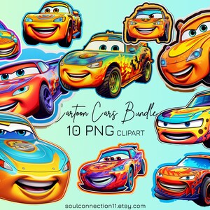 Cute Cartoon Cars PNG Clipart, Colorful Cars Printable Stickers, Cars Birthday Bundle, Cars with Eyes, Sublimation Design, Commercial Use