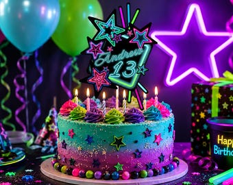 Personalized Neon Birthday Cake Topper, Glow Party (Digital Goods)