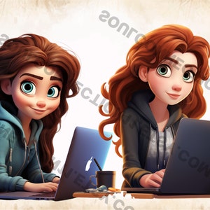 May include: Two cartoon women with long brown hair are sitting at a table using laptops. The woman on the left is wearing a blue hoodie and the woman on the right is wearing a black hoodie.