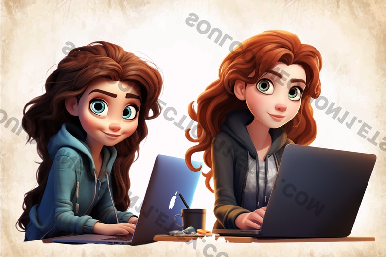 May include: Two cartoon women with long brown hair are sitting at a table using laptops. The woman on the left is wearing a blue hoodie and the woman on the right is wearing a black hoodie.