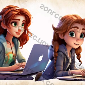 May include: Two cartoon girls with long brown hair are sitting at a table, each using a silver laptop computer. The girl on the left is wearing a blue hoodie and a green shirt with a design on it. The girl on the right is wearing a blue hoodie and a white shirt. Both girls are smiling.