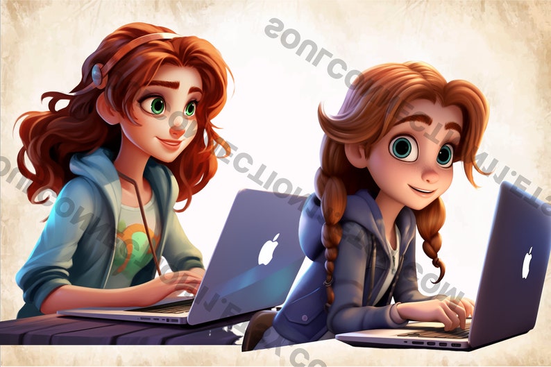May include: Two cartoon girls with long brown hair are sitting at a table, each using a silver laptop computer. The girl on the left is wearing a blue hoodie and a green shirt with a design on it. The girl on the right is wearing a blue hoodie and a white shirt. Both girls are smiling.