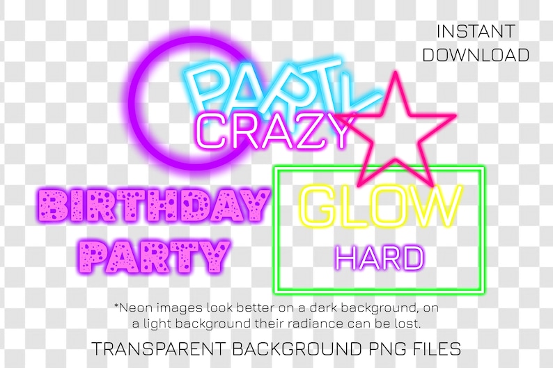 Puede incluir: Texto de ne&oacute;n rosa, azul y amarillo sobre un fondo transparente que dice "Party Crazy", "Birthday Party" y "Glow Hard". Una estrella rosa est&aacute; sobre el texto "Glow Hard".