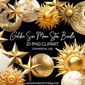Sol, Luna, Estrella PNG Clipart, Paquete de imágenes celestiales doradas, Diseño de sublimación, Pegatina digital, Impresión de sol de metal dorado
