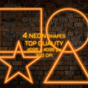 Puede incluir: Cuatro formas de neón, un cuadrado, un círculo, un triángulo y una estrella, se muestran sobre un fondo de pared de ladrillo. El texto "4 NEON SHAPES TOP QUALITY 4096 x 4096 px 300 DPI" también es visible.