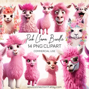 Cute Pink Llama PNG Clipart, Fantasy Llama Images Bundle, Animal Clipart, Sublimation Design, Digital Sticker, Llama Print, Commercial Use