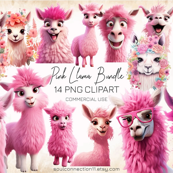 Cute Pink Llama PNG Clipart, Fantasy Llama Images Bundle, Animal Clipart, Sublimation Design, Digital Sticker, Llama Print, Commercial Use