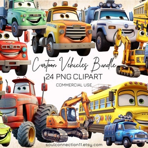 Paquete de imágenes prediseñadas PNG de vehículos de dibujos animados, imágenes prediseñadas de coches, imágenes prediseñadas de tractor, imágenes prediseñadas de policía, imágenes prediseñadas de camión de bomberos, imágenes prediseñadas de excavadora, camión, autobús escolar
