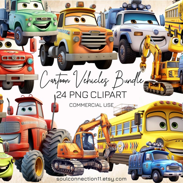 Cartoon Vehicles PNG Clipart Bundle, Cars Clipart,  Tractor Clipart, Police Clipart, Firetruck Clipart, Excavator Clipart, Truck, School Bus