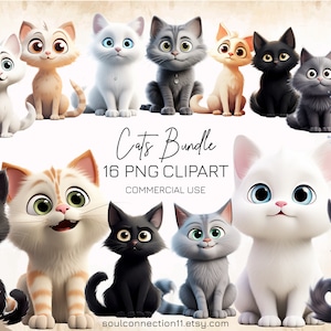 Niedliche Katzen PNG Clipart-Bundle, Cartoon-Kätzchen-Bilder, Sublimationsdesign, digitaler Aufkleber, Katzendruck, kommerzielle Nutzung, Tier Clipart