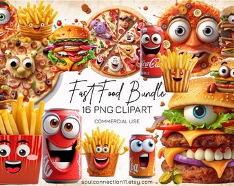 Cartoon Fast Food PNG Clipart Bundle, Junk Food Stickers (Digital Download)