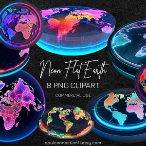 Clipart PNG mappa della Terra piatta al neon, adesivo stampabile, design a sublimazione, clipart mappa del mondo, clipart Terra al neon, PNG della Terra, clipart del pianeta