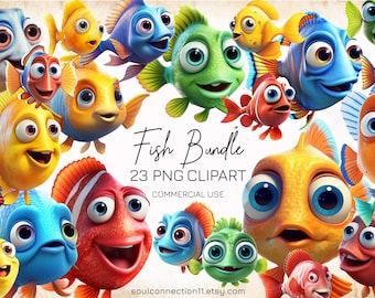 Pacchetto di clipart di pesci, animali marini PNG, uso commerciale (download digitale)