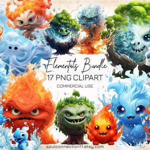 Elementals PNG Clipart, Fire Elemental, Water Elemental, Air Elemental, Earth Elemental, Sublimation Design, Digital Sticker