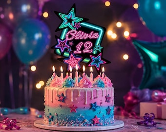 Personalized Neon Birthday Cake Topper, Glow Party (Digital)