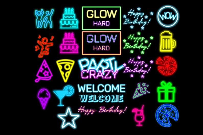 Puede incluir: Letreros de ne&oacute;n con varios dise&ntilde;os y frases, incluyendo "Glow Hard", "Party Crazy", "Happy Birthday", "Welcome" y "Wow". Los letreros son de diferentes colores, incluyendo rosa, azul, verde, amarillo y rojo.