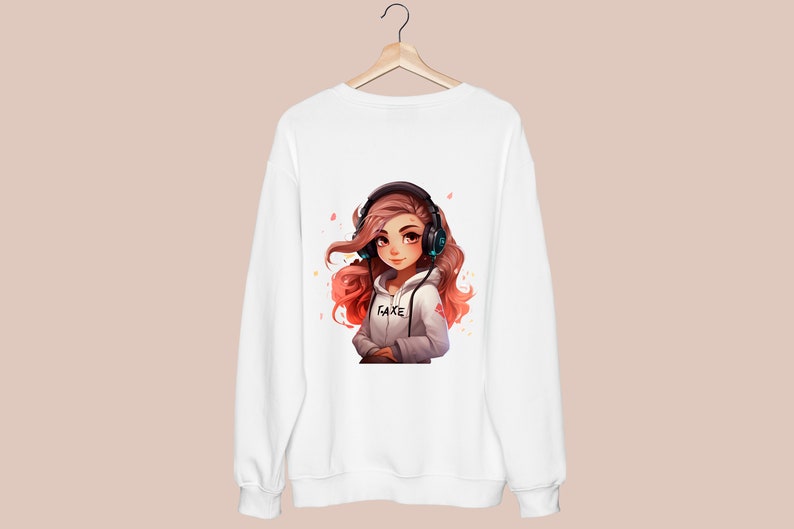 May include: White sweatshirt with a colorful illustration of a girl wearing headphones and a hoodie with the word "FAKE" on it.