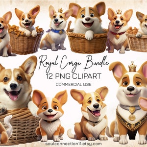 Royal Corgis PNG Clipart Bundle, süße Cartoon Hunde Clipart, Sublimationsdesign, digitale Aufkleber, Hunde Druck, Corgis Bilder, kommerzielle Nutzung