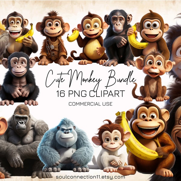 Cute Monkey PNG Clipart Bundle, Gorilla, Chimpanzee, Banana, Sublimation Design, Digital Sticker, Monkey Print, Commercial Use