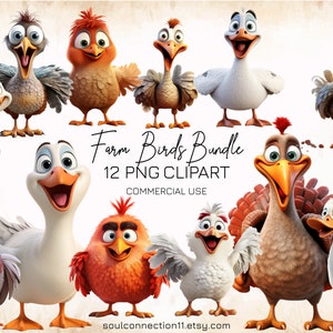 Paquete de imágenes prediseñadas PNG de aves de granja, aves domésticas, pollo, pavo, ganso, diseño de sublimación, calcomanía digital, impresión de animales de dibujos animados