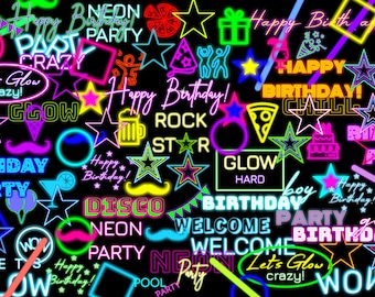 100 NEON Party PNG, Neon Birthday Party Clipart, Glow Neon Supplies Png Clipart, Neon Birthday Overlays, Neon Party Clipart Neon Figures Png