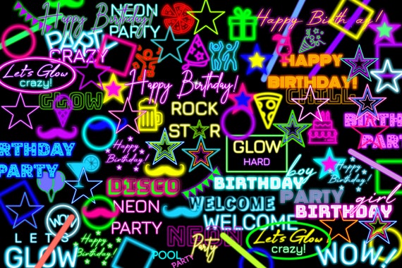 Neon Birthday Party Clipart, Glow Figures PNG (100 Files)