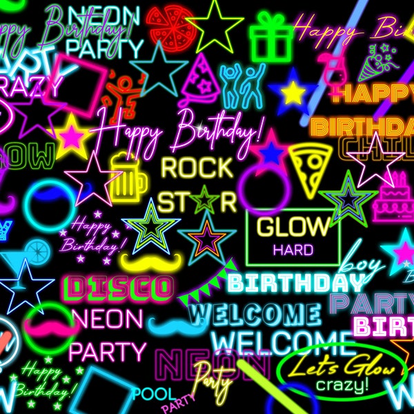 100 NEON Party PNG, Neon Birthday Party Clipart, Glow Neon Supplies Png Clipart, Neon Birthday Overlays, Neon Party Clipart Neon Figures Png