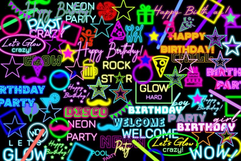 Puede incluir: Un fondo negro con letreros de ne&oacute;n en varios colores y formas. Los letreros presentan saludos de cumplea&ntilde;os, temas de fiesta y frases como "Let's Glow Crazy!" y "Rock Star".