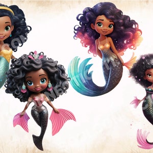 Black Little Mermaid PNG Bundle, Cute Mermaids Clipart, Under the Sea ...