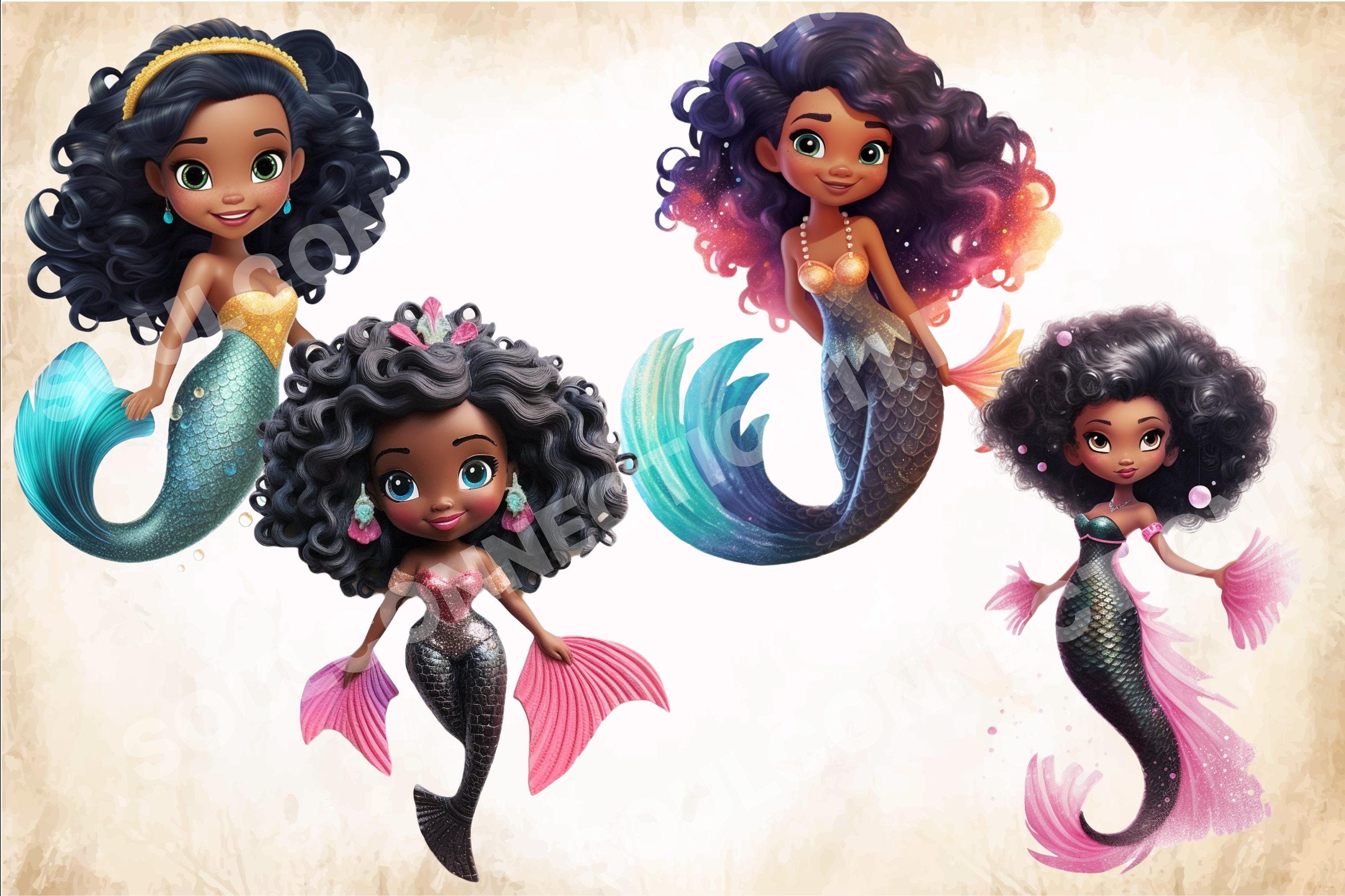 Black Little Mermaid PNG Bundle Cute Mermaids Clipart Under - Etsy