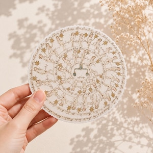 May include: A circular sticker featuring a detailed beige and gold illustration of the zodiac wheel. The design includes multiple figures arranged in concentric circles, interspersed with gold star motifs and handwritten script text throughout.