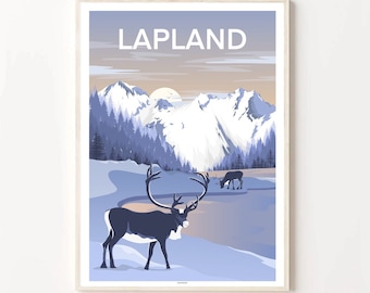 May include: A vintage travel poster design featuring a snowy mountain range with a lake in the foreground. The poster has the word "LAPLAND" in white text at the top. Two reindeer are standing in the snow near the lake.