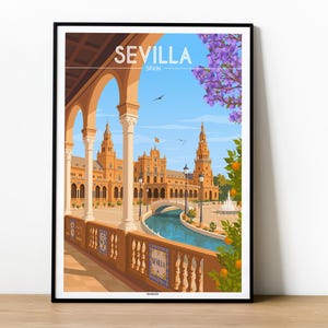 Peut inclure: Une affiche encadrée représentant Séville, Espagne. L'illustration montre l'architecture de la ville, avec un pont sur un canal, une haute tour et des arcades. Le ciel est bleu et l'affiche comprend le mot "SEVILLA".