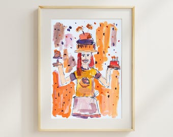 Original "Come todo el pastel que puedas" | Arte | Cumpleaños | Tarjeta | Feliz cumpleaños | Pastel | Lienzo | Acrílico | A5