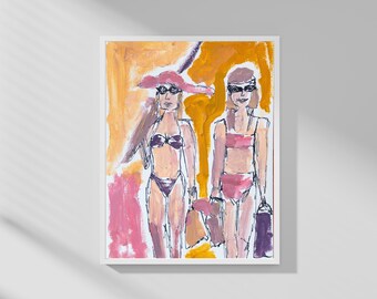 Original "Vamos a la playa" | Arte | Bikini | Tarjeta | Playa | Amigos | Lienzo | Acrílico | A5