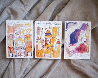 Juego de 3 postales A6 | Lámina artística | Postal | Verano | Tarjeta de felicitación | Papel reciclado | Desnudo | Amor