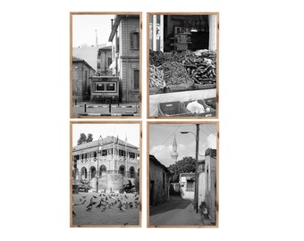 Cartel de fotografía de arte callejero de Chipre conjunto de 4 imágenes | Chipre Türkiye Mezquita Arte de la pared Isla en blanco y negro Decoración digital